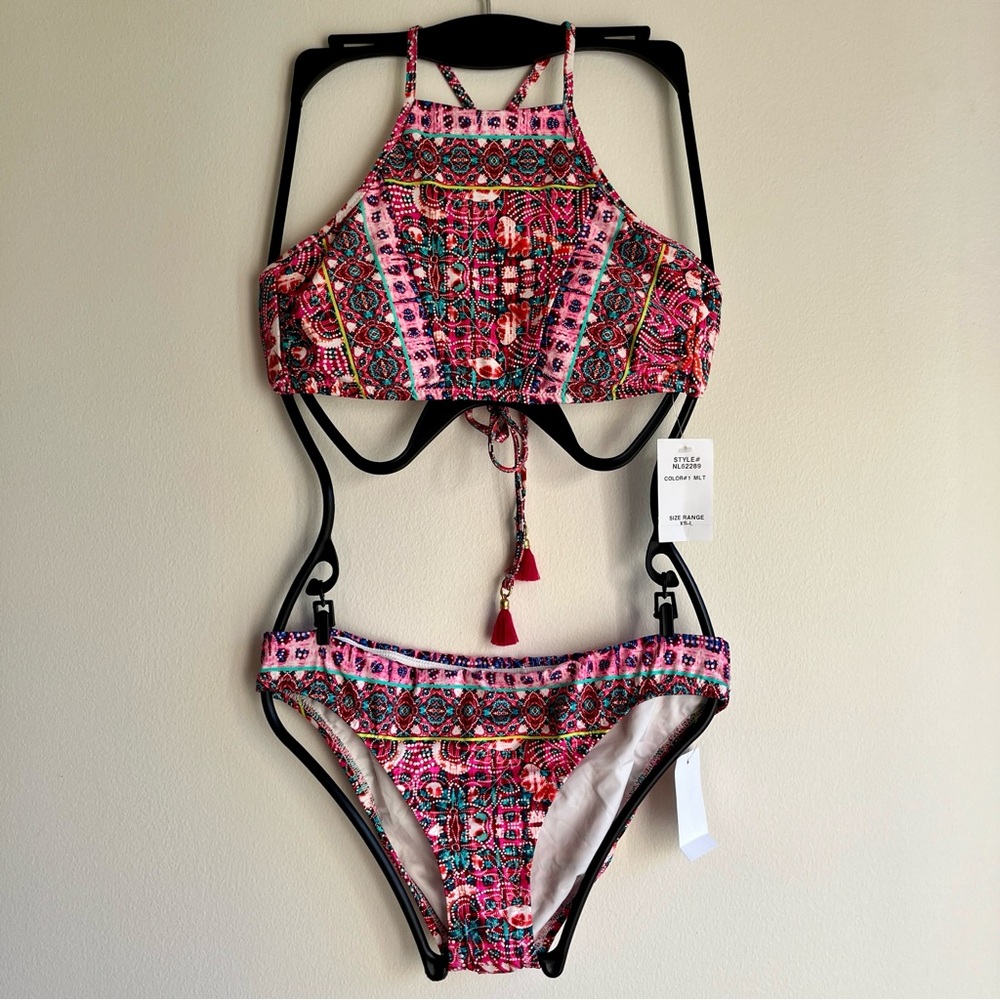 NWT Nanette Lepore Racerback Swimsuit High Neck Bikini Two Piece Pink Small
